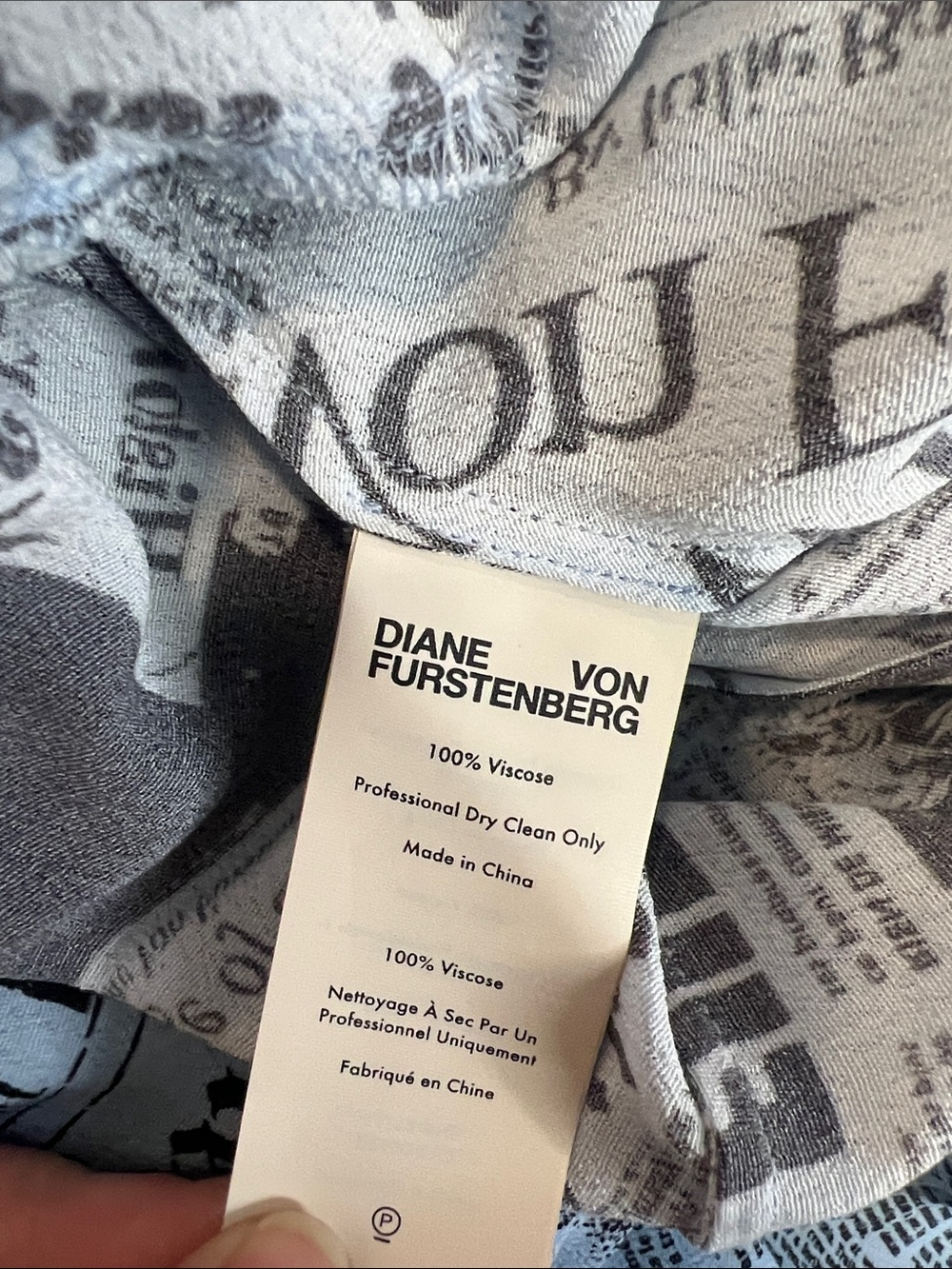 Diane Von Furstenberg Light Blue and Black Newspaper Print Wrap Dress - Picture 9 of 9